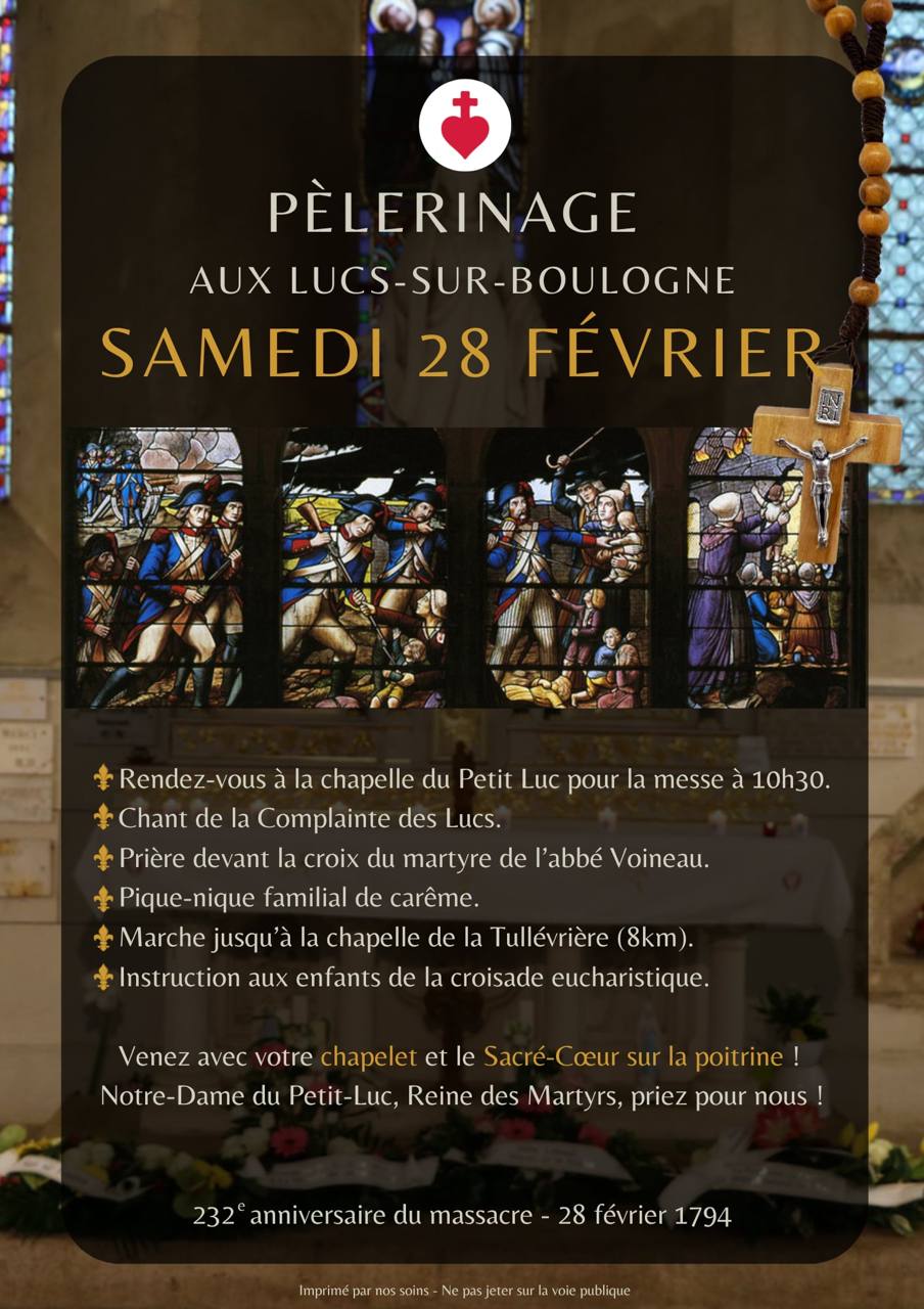 Pèlerinage aux Lucs-sur-Boulogne et réunion de la Croisade Eucharistique le samedi 28 février 2026